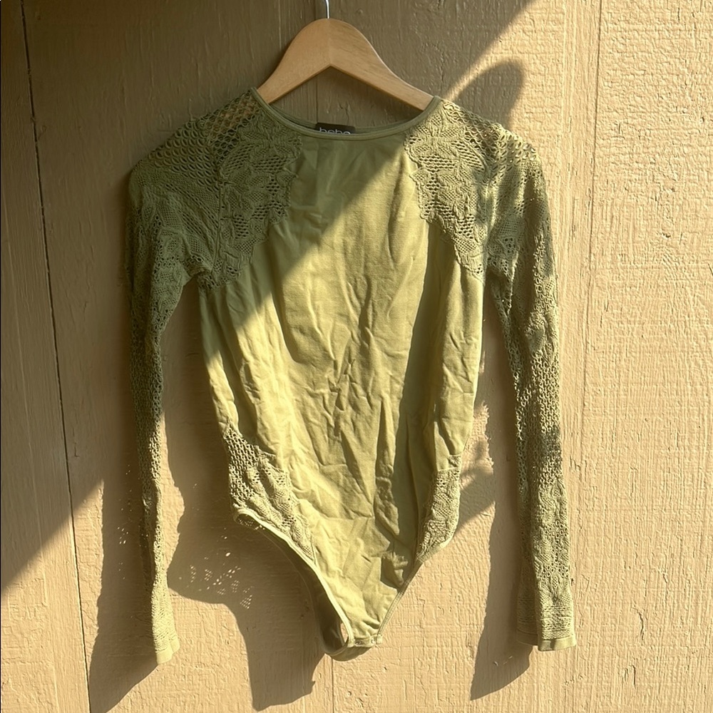 Olive Green Mesh Detailing Long Sleeve Bodysuit by bebe